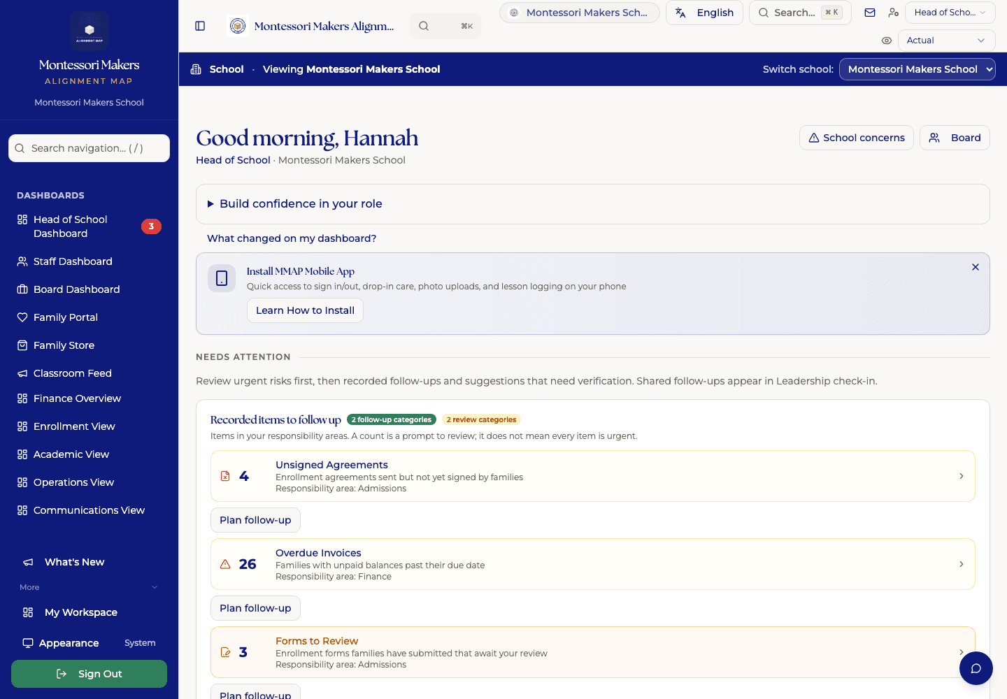 MMAP executive dashboard with school signals and actions needing attention