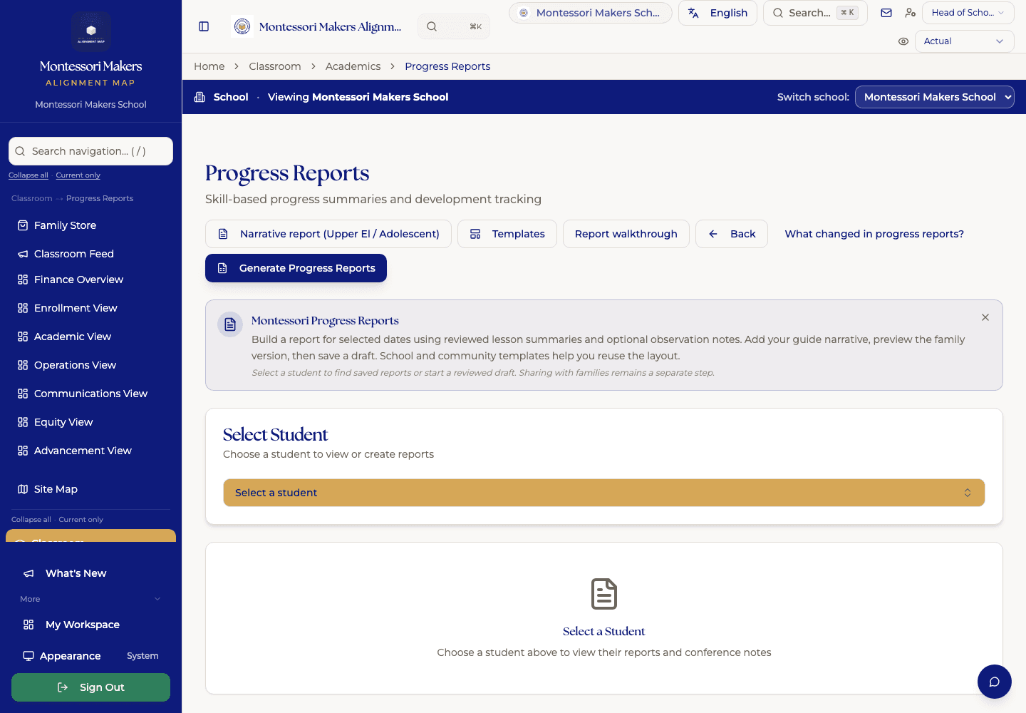 MMAP Progress Reports, showing student selection, templates, and report generation