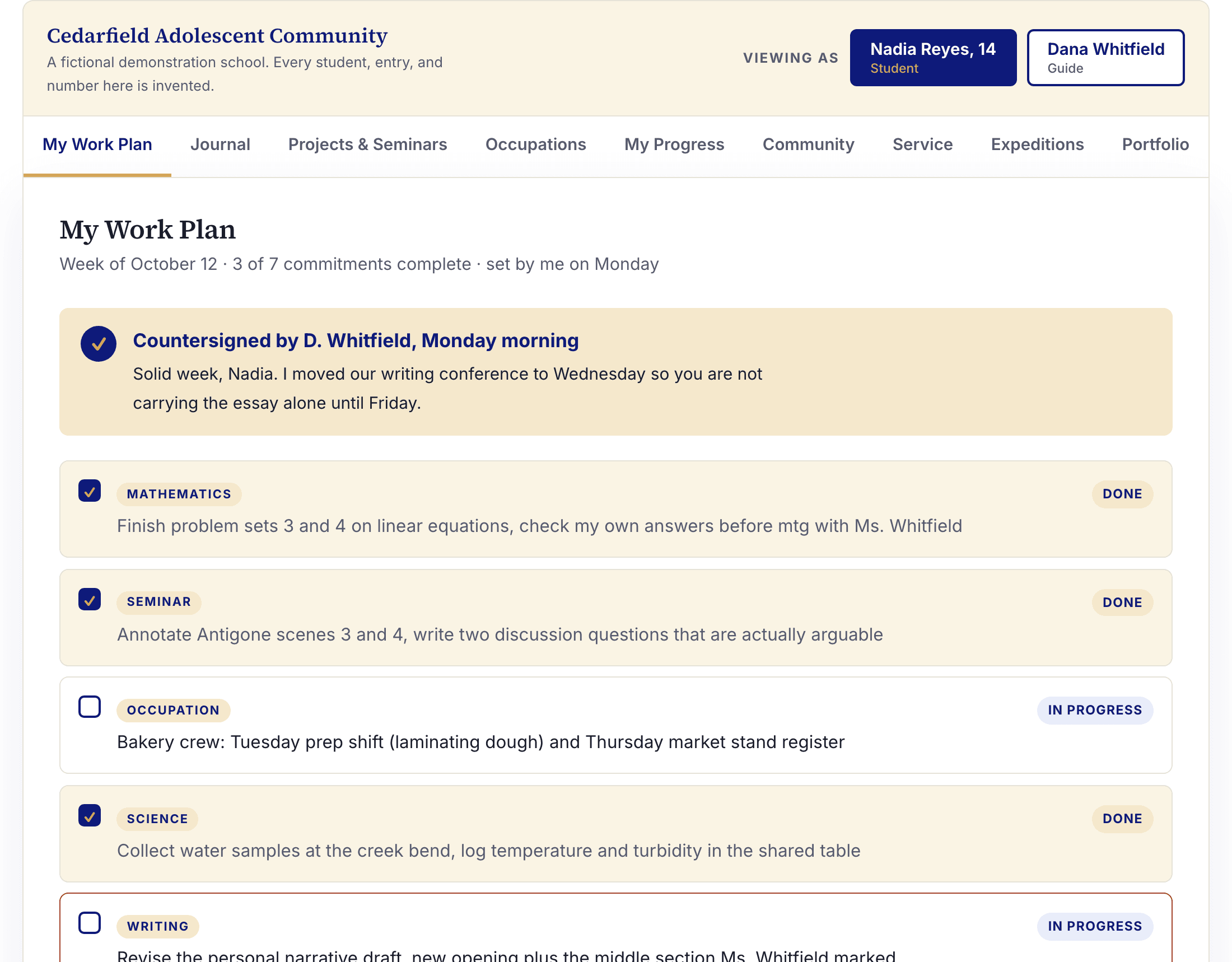 Student work plan in the Waypoint demonstration